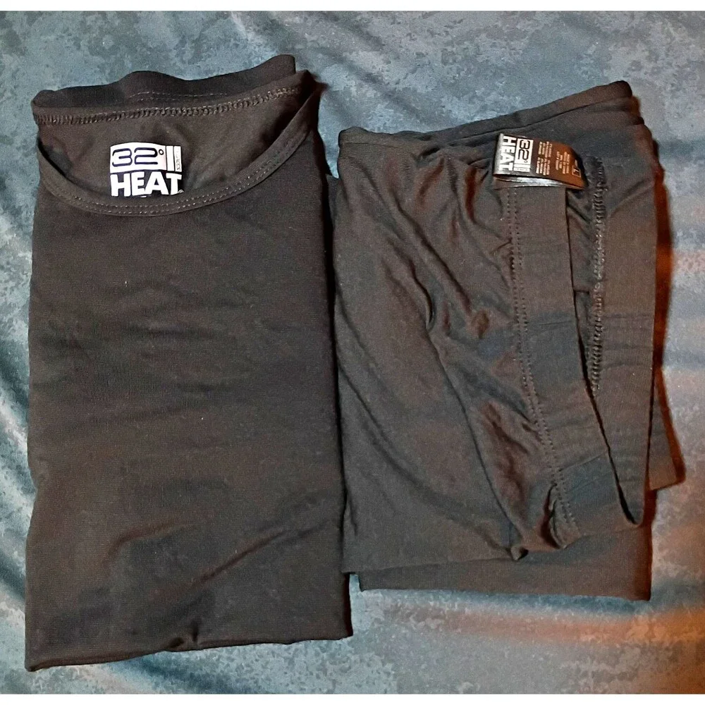 32 Degrees Heat Kids Base Layer Set Long Sleeve Top + Bottom Black Size L 2-Pack